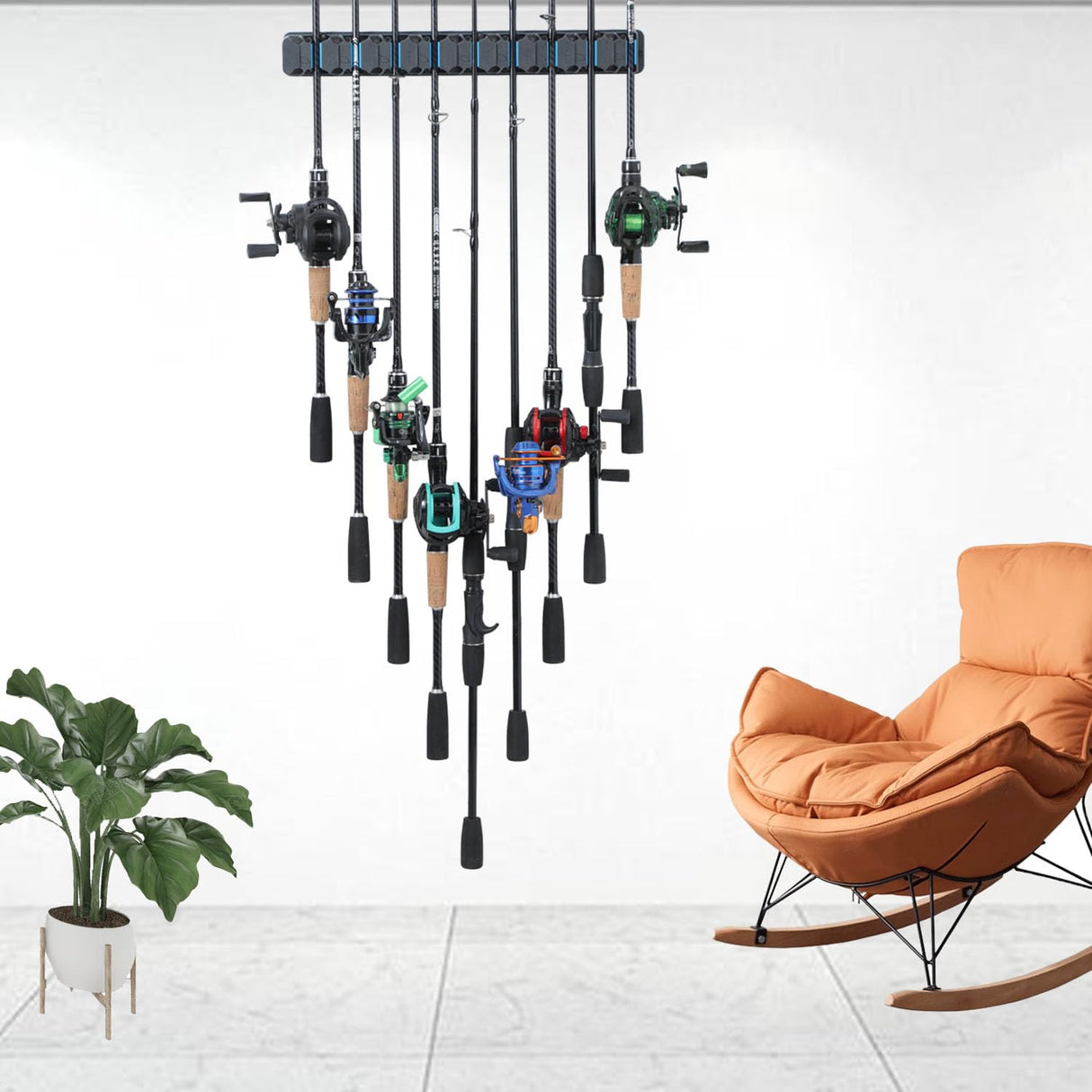 KULPORT Fishing Rod Holder, Wall-Mounted Fishing Rod Rack, Vertical Fishing Pole Holder Holds Up to 9 Rods or Combos, Fishing Rod Rack for Garage Organization System & Fits Most Rods KULPORT