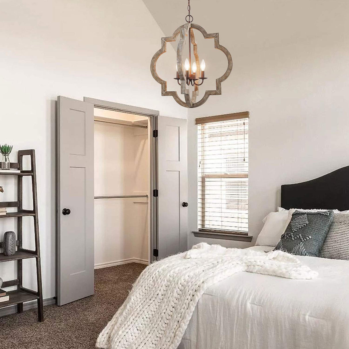 LOG BARN Large Farmhouse Chandelier Handmade Wood 4 Lights Fixtures Hanging for Dining, Bedrooms, Living Rooms and Hallway LOG BARN