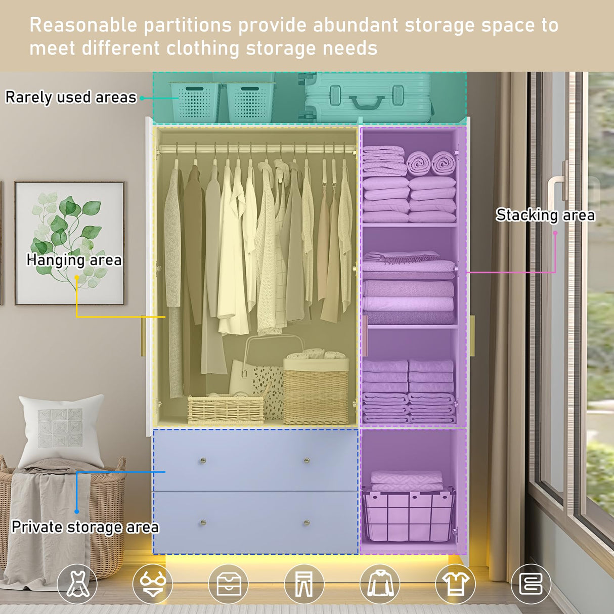 jiteentarou 3 Door Wardrobe Closet with Mirror & LED Lights, Bedroom Armoire with Drawers & Shelves, Modern Wooden Armoire Wardrobe Closet with Hanging Rod for Bedroom, White jiteentarou