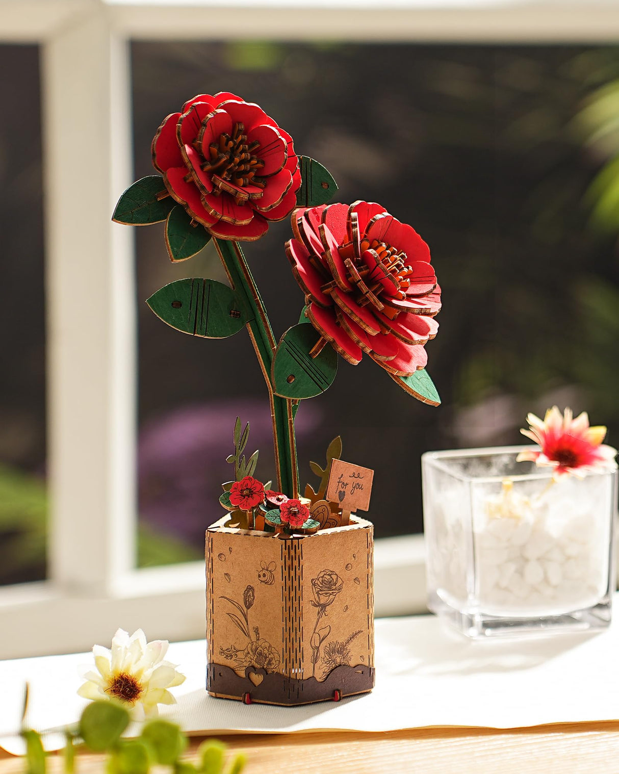 Wowood 3D Flower Wooden Puzzles for Adults-Red Camellia, DIY Wooden Flowers Model Kit Building Set Crafts for Adults to Build, Botanical Collection/Ideal Creative Gift Ideas/Housewarming (113PCS) Wowood