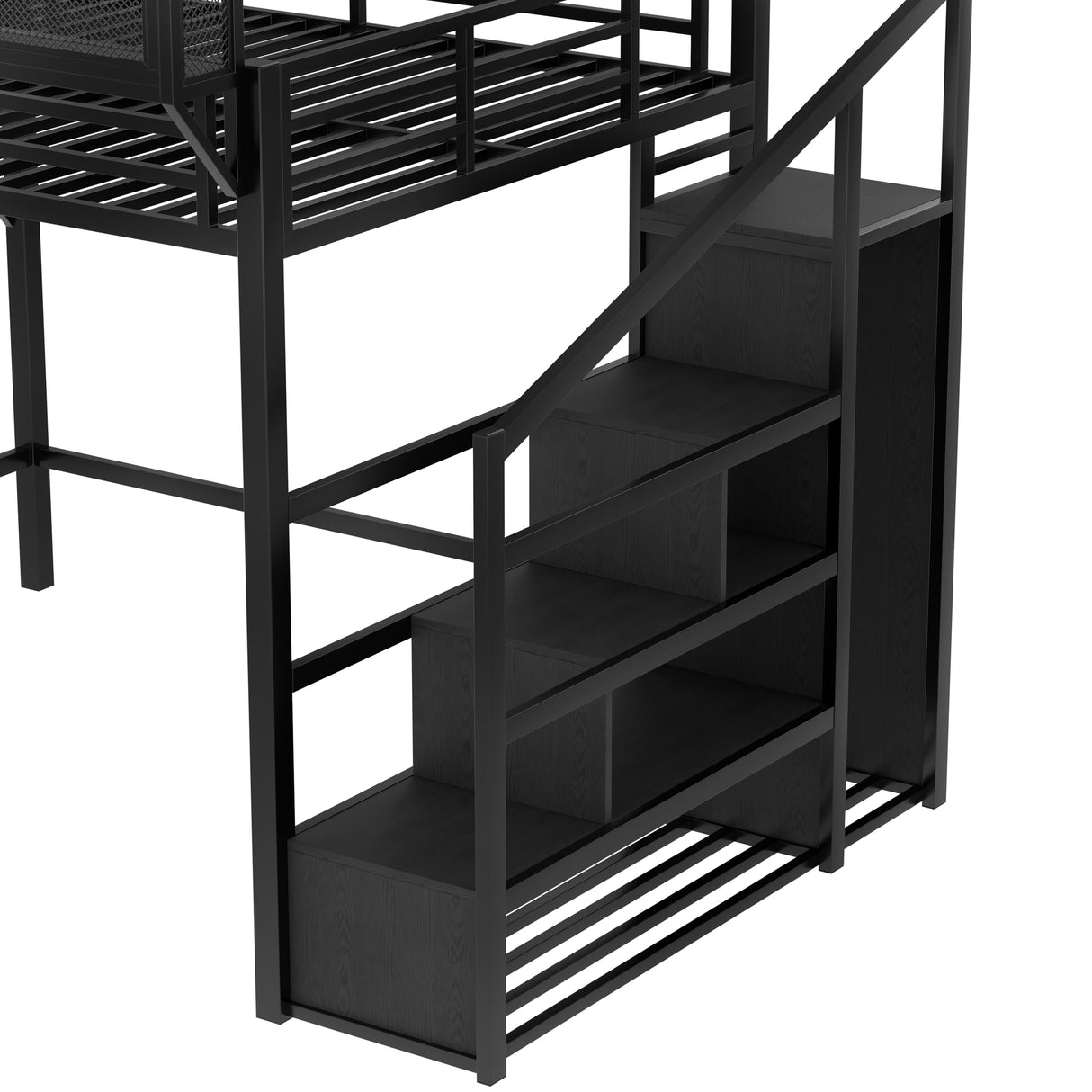 TCMILA Queen Size Loft Bed with Convertible Storage Stairs, LED, USB-Port, Heavy Duty Metal Frame with Open Wardrobe, Kids, Adults, Boys, Bedroom, No Box Spring Needed, Black TCMILA