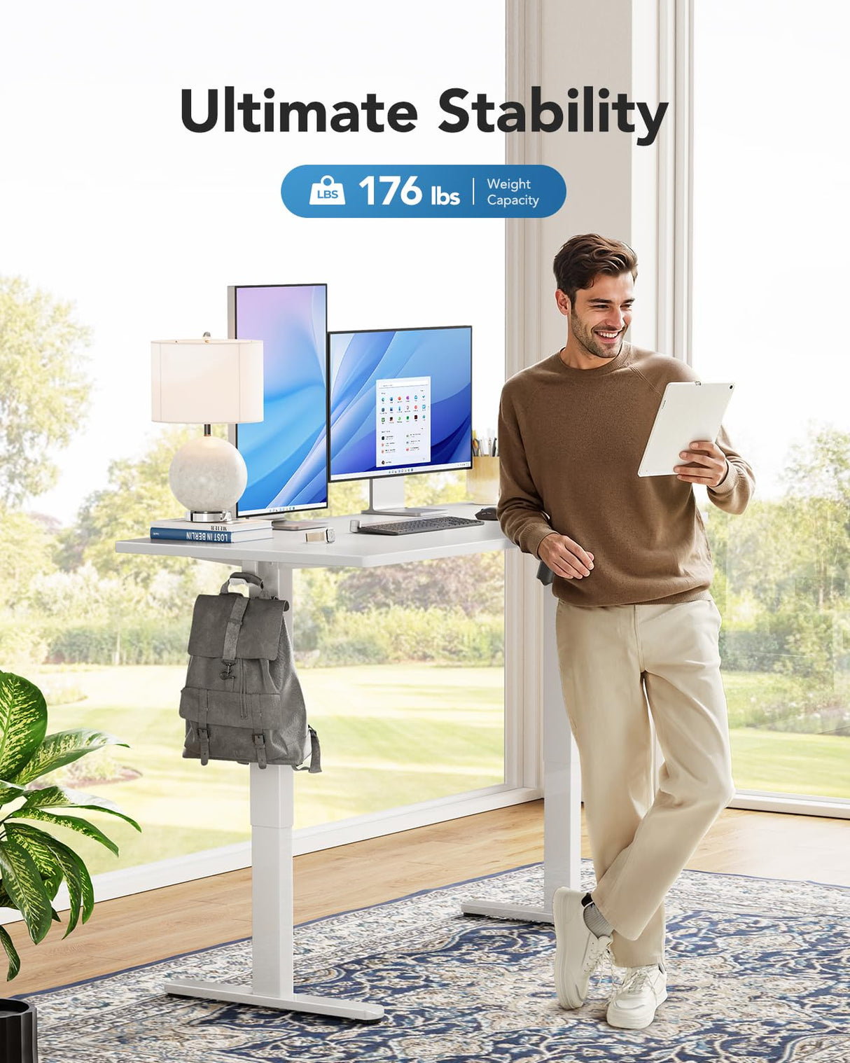 HUANUO Electric Standing Desk, 60" x 24" Whole Piece Desktop, Adjustable Height Computer Desks, 4 Height Memory Settings, Sit Stand Up Desk for Home Office, Light Vintage HUANUO