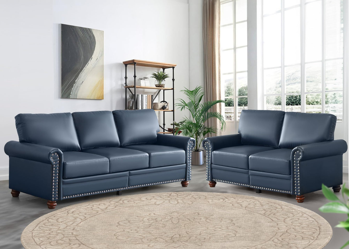 JEEOHEY Faux Leather Sofa Couch,82" Mid Century Modern Couch with Storage Place,Oversized 3 Seater Sofa with Nailhead Trim&Rolled Arm,Deep Seat Comfy Couch for Living Room,Apartment,Office(Navy Blue)