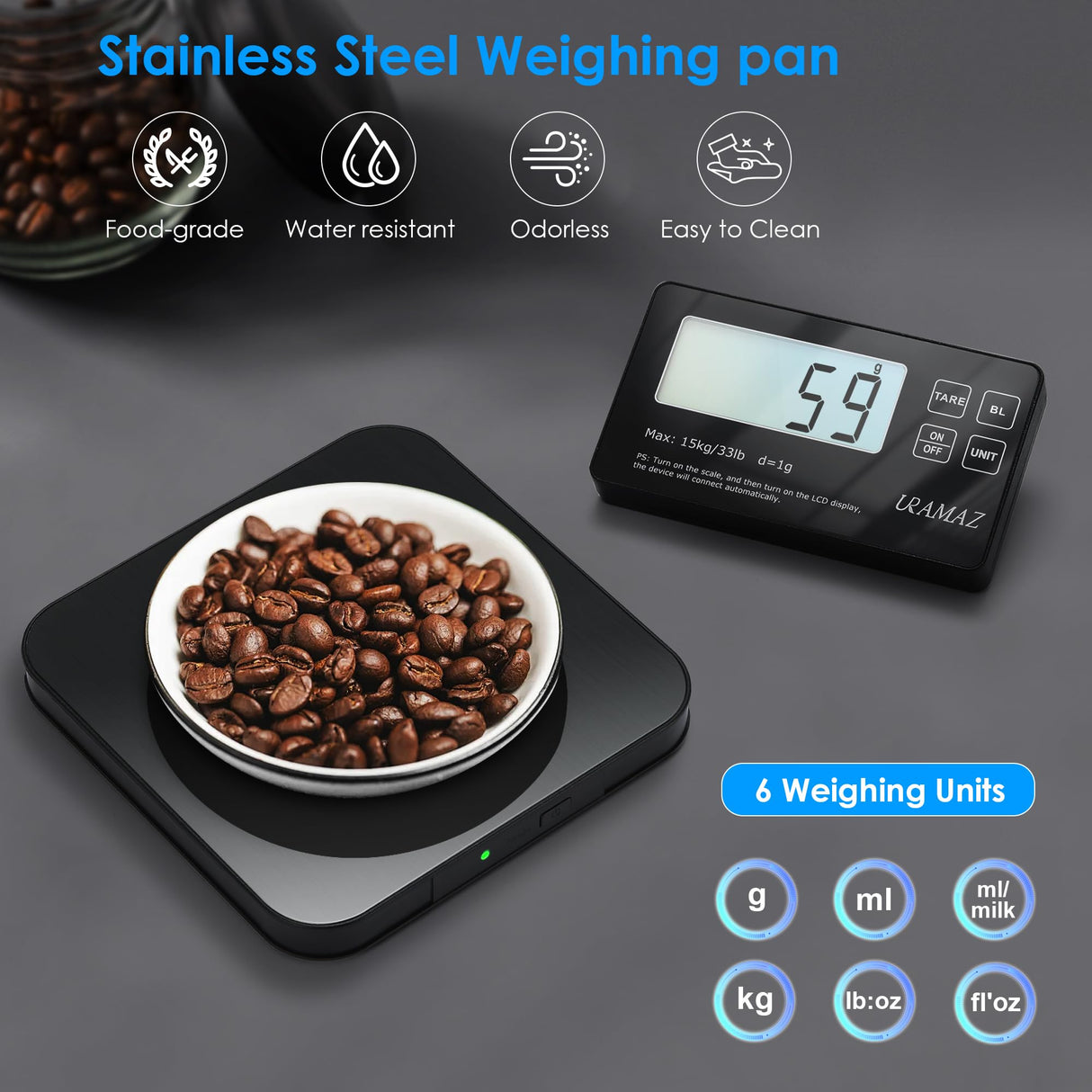 Food Scale with Detachable Display, 33lb Stainless Steel Kitchen Scales Digital Weight Grams and Ounces, Digital Food Scales for Kitchen, Baking Scale for Sourdough Bread Cooking, Weight Loss 1g/0.1oz URAMAZ