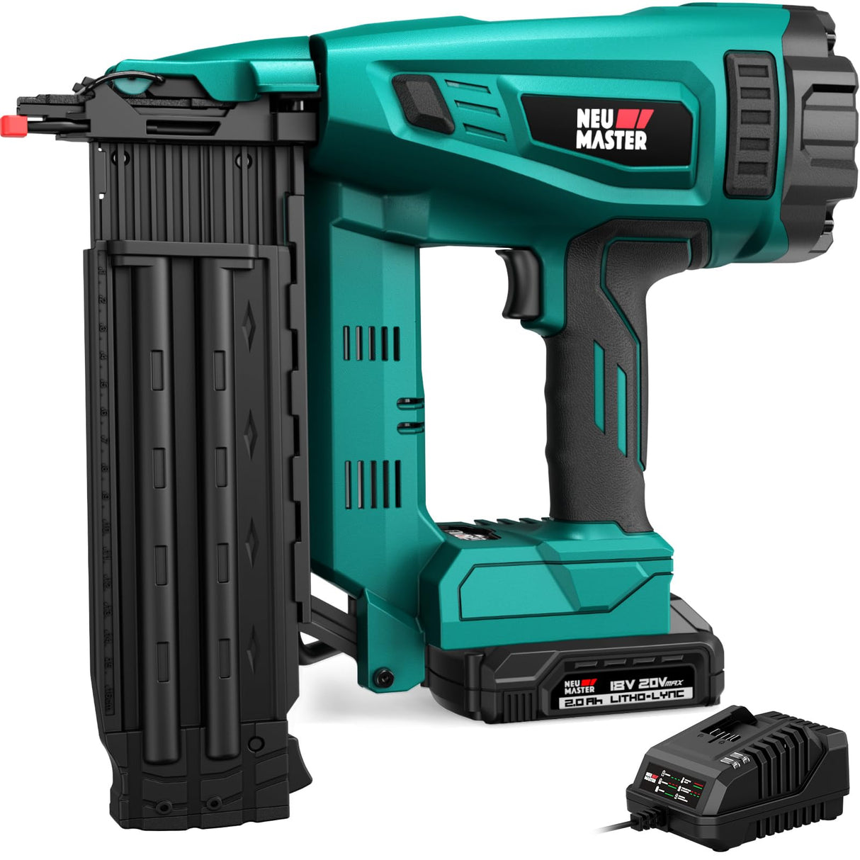 NEU MASTER Upgraded Brad Nailer, 18 Gauge Nail Gun Battery Powered with Brushless Motor, 20V Max Cordless Nail Gun, Adjustable Depth, Ideal for Roofing, Sheathing, Framing, Woodworking NEU MASTER