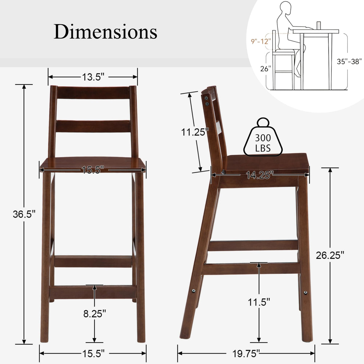 Janoray Counter Height Bar Stools Set of 2 Farmhouse Counter Stools with Ladder Back 26-Inch Solid Wood Barstools for Kitchen Island/Pub/Cafe, Brown Janoray