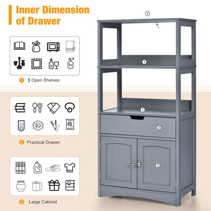 Tangkula Bathroom Floor Cabinet with Drawer, 2 Open Shelves and Door Cupboard, Multipurpose Free Standing Storage Cabinet for Bathroom Kitchen Living Room, 24 x 13 x 48 inch (Grey) - WoodArtSupply