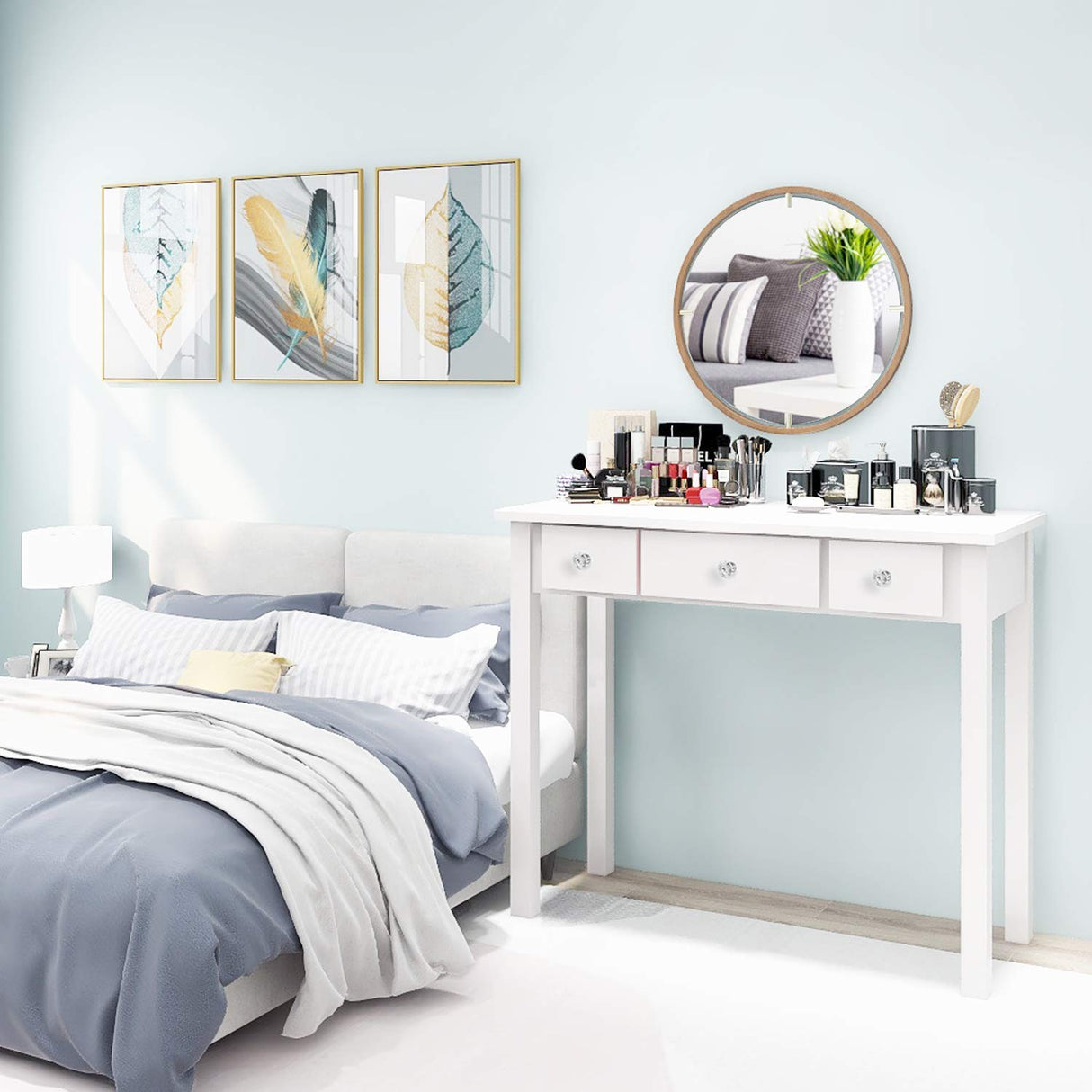 STHOUYN Home Office Small Writing Desk with Drawers Bedroom, Study Table for Adults/Student, Vanity Makeup Dressing Table Save Space Gifts White (White) STHOUYN