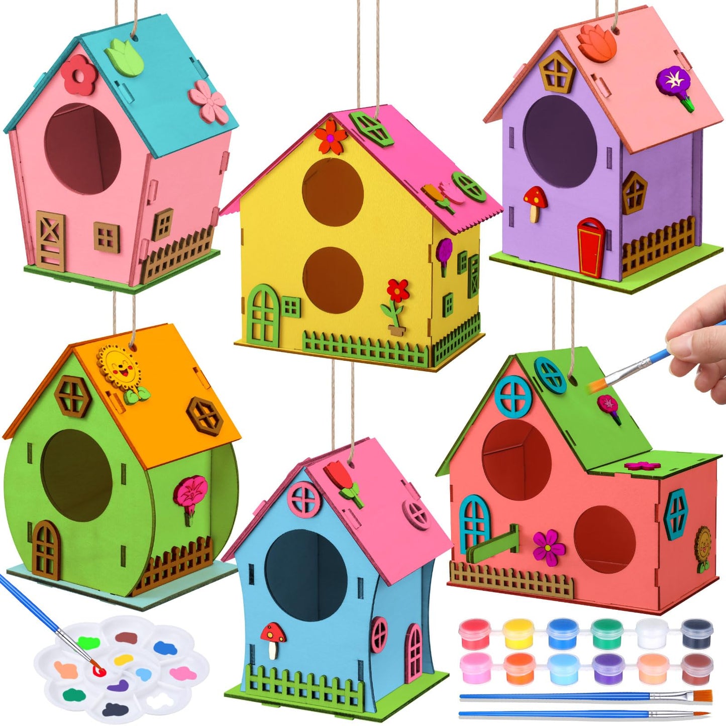 Colingmill 6 Pcs DIY Bird House Wooden Kits for Kids to Paint and Built Unfinished Wood Birdhouse Art Crafts with Paints and Brushes for Kids Girls Boys Toddlers Gifts