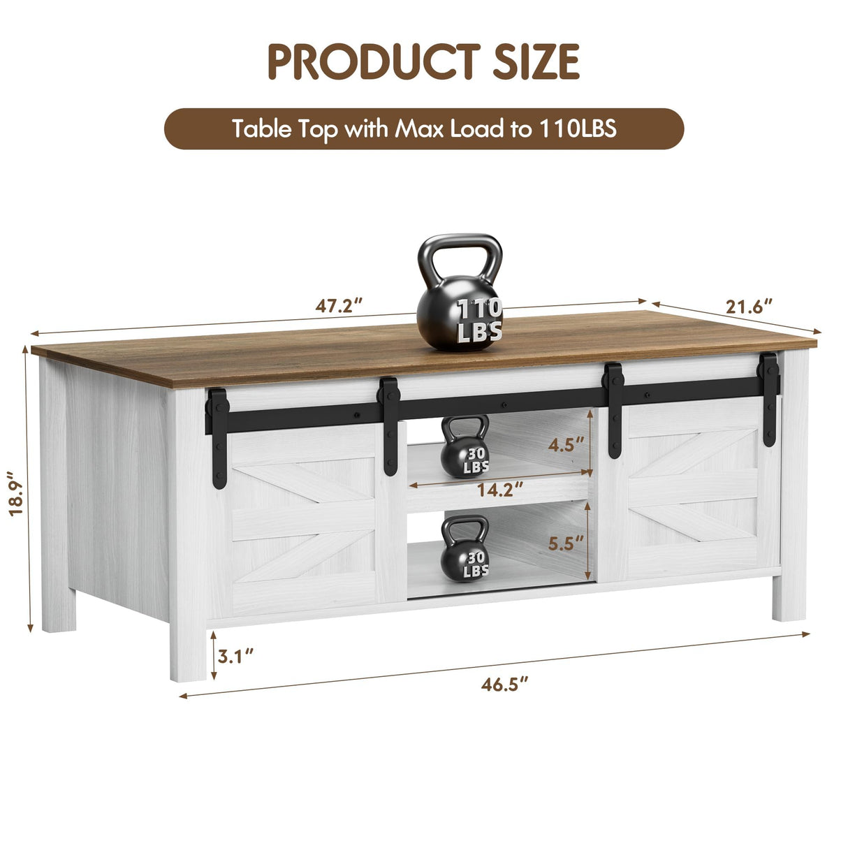 YESHOMY Coffee Table with Sliding Barn Doors & Storage, Wooden Center Rectangular Cabinet with Adjustable Shelves, for Livingroom, Bedroom, Home Office, White YESHOMY