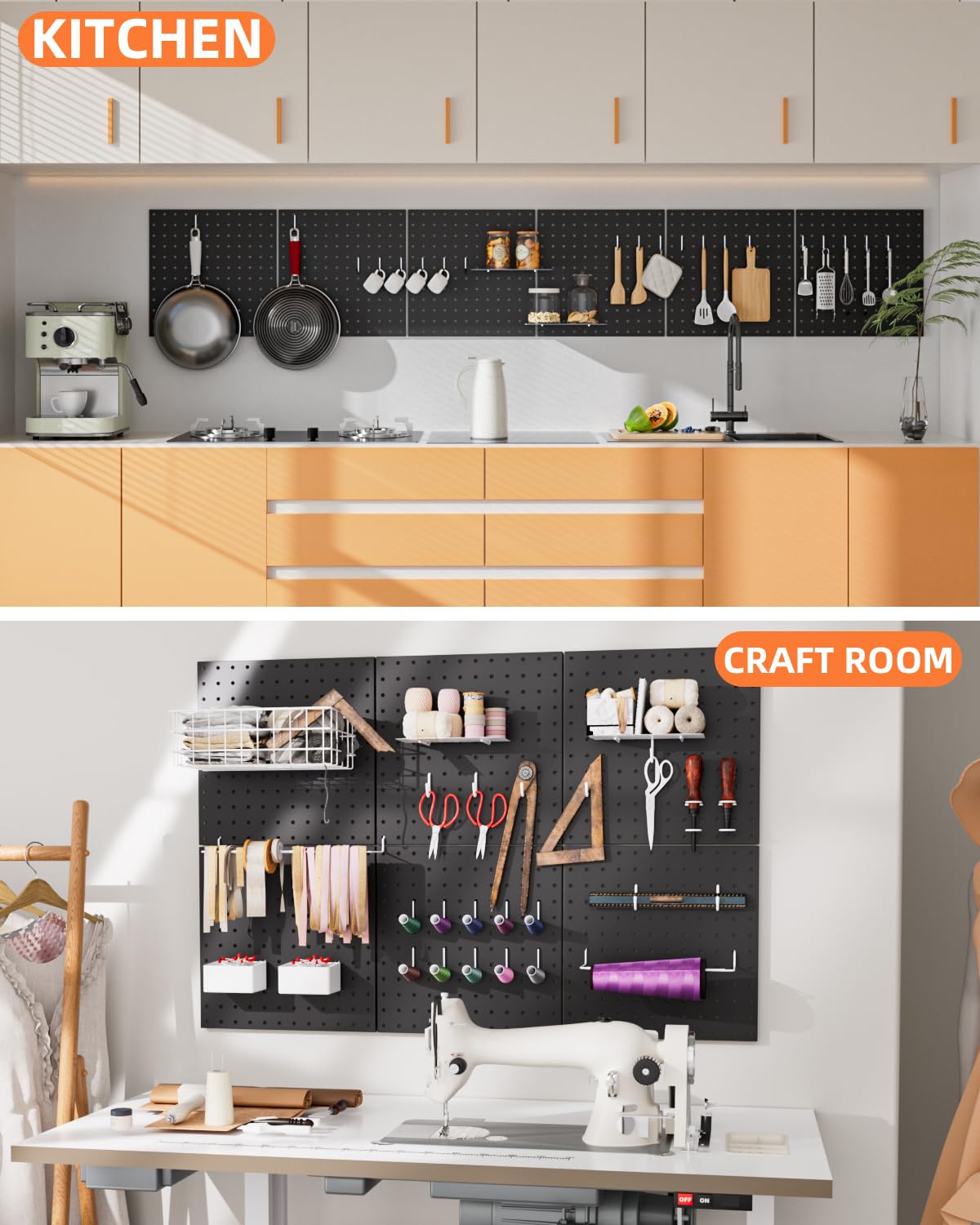 INCLY 6 Pack 12"x12" Black Metal Pegboard Panels, Heavy Duty Pegboard Wall Organizer with Frame, Black Peg Board for Walls, Garage, Workbench, Shed, Kitchen, Craft Room Tool Organization INCLY