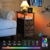 Yoobure End Table with Charging Station, LED Narrow Side Table Bedside Table, Small Night Stand End Tables Living Room, Skinny Nightstand with 3 Fabric Drawers, Side Tables Bedroom for Small Spaces Yoobure