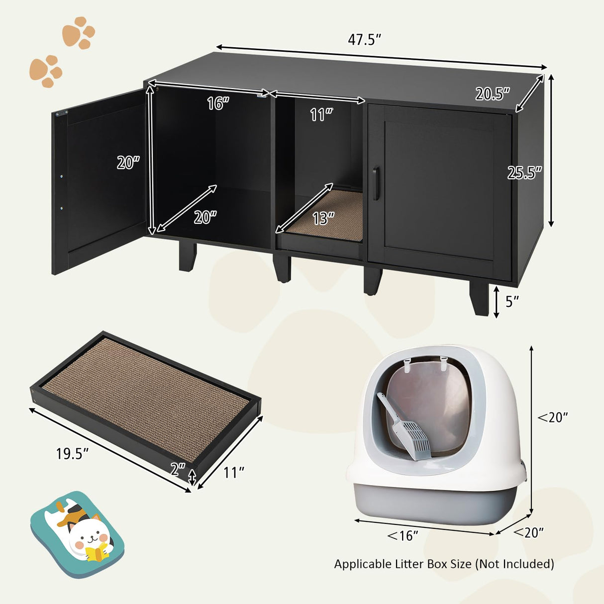 Tangkula Double Cat Litter Box Enclosure for 2 Cats, Large Stackable Hidden Privacy Cat Washroom Cabinet with Scratching Board, Indoor Cat House TV Stand Side Table, Litter Box Furniture (Black) Tangkula