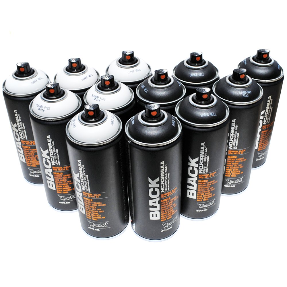 Montana BLACK 400ml Set of 12 Graffiti Street Art Mural Spray Paint (Black & White) BLACK MONTANA