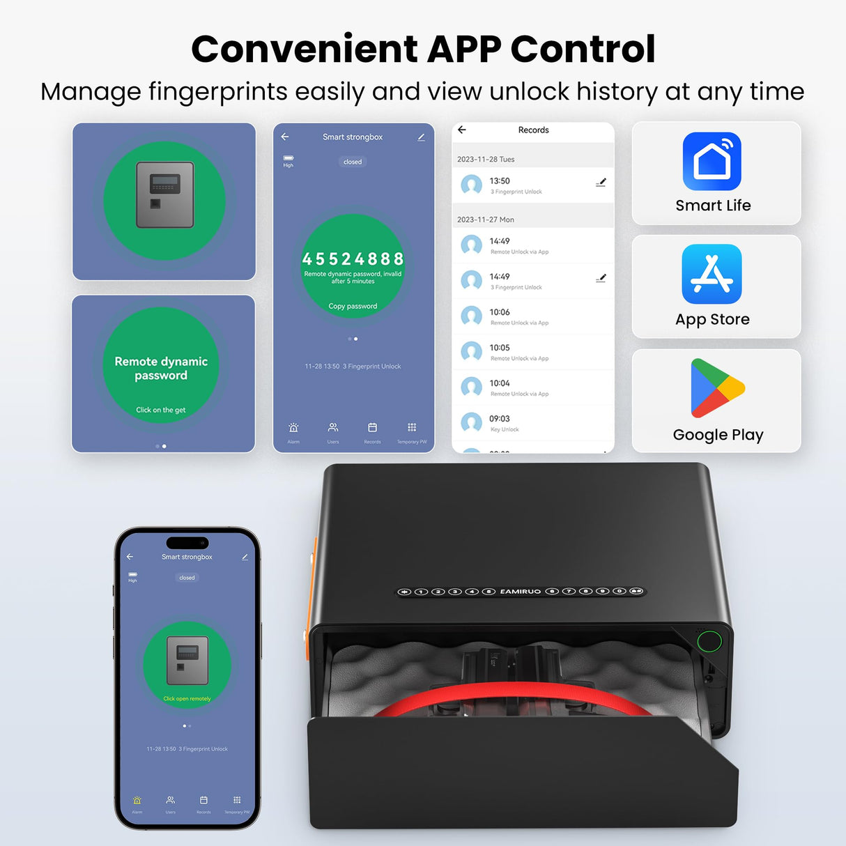 EAMIRUO Smart Gun Safe - Biometric Gun Safe for 2-4 Pistols Quick Access Handgun Safe with Fingerprint/Keypad/Key/App Control, Pistol Safe for Nightstand Bedside Home Office（Black) EAMIRUO