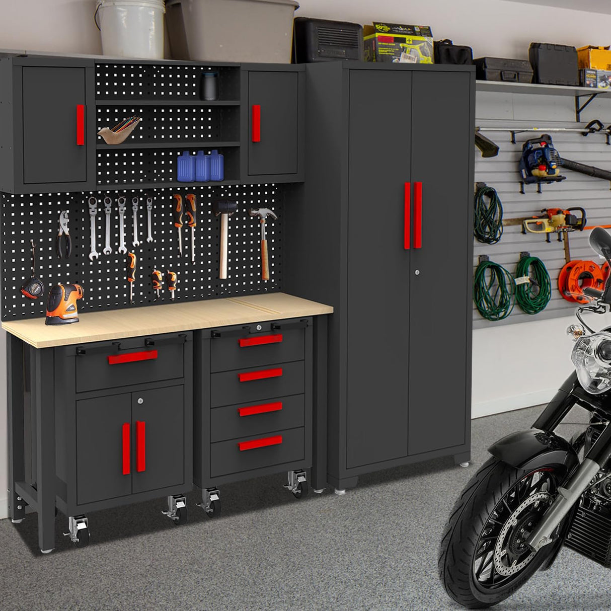 HPDMC 6-Pcs Garage Storage Cabinet System: Workshop Set with Steel Cabinet Drawers, Rolling Chest, Workbench, Pegboard for Tool Organization HPDMC