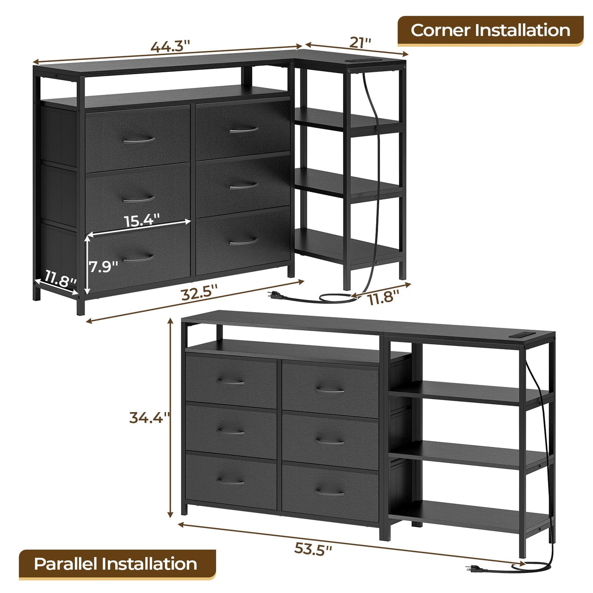 HAUOMS TV Stand for 60 Inch TV,Entertainment Center with Power Outlets and LED Lights,L Shaped Convertible Dresser with Open Shelf, 6 Drawers with PU Finish, for Living Room,Black HAUOMS
