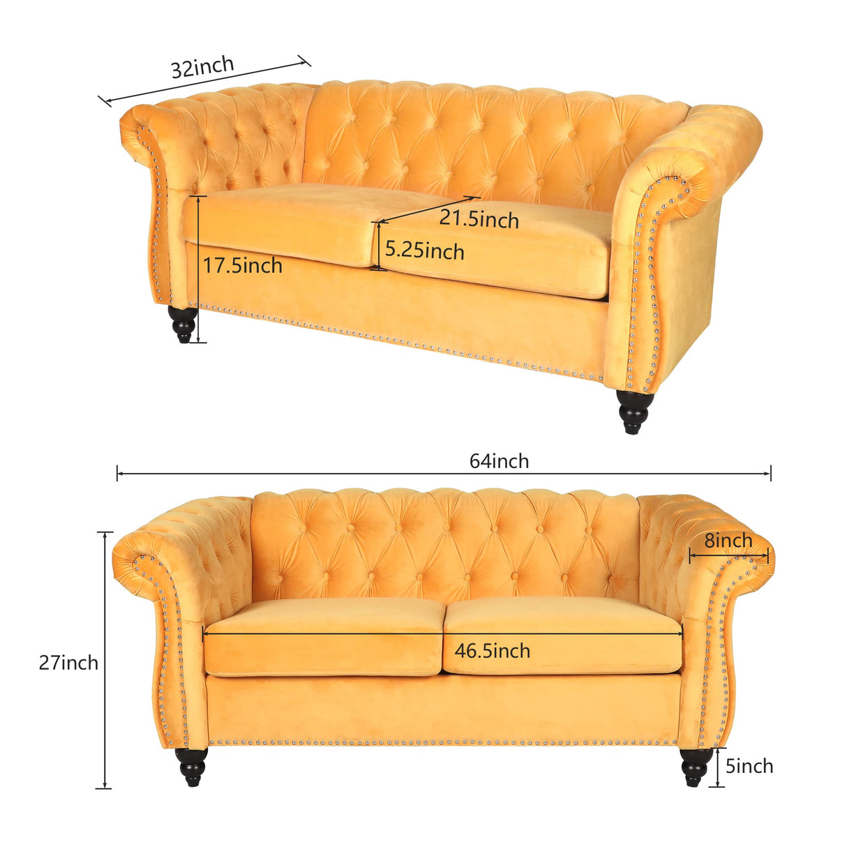 Chesterfield Loveseat, Modern Velvet Sofa Tufted Couch 2 Seater with Scroll Arms and Nailhead for Living Room, Bedroom, Office, Apartment (Mango) ORRD