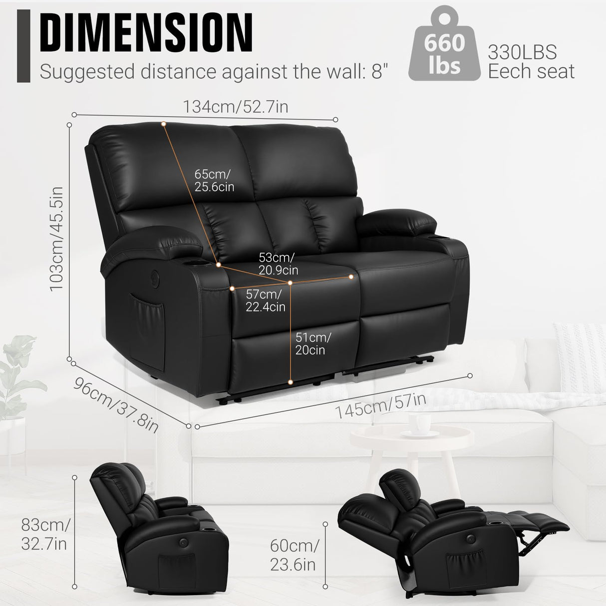 CHABATREE Home Theater Seating,RV Recliner Sofa with Massage and Heat,Manual RV Recliner Loveseat with USB/Cup Holders and Side Pocket for Living Room,2 Seater Black CHABATREE
