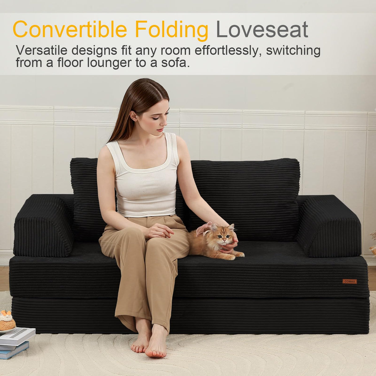 COMAX Convertible Sofa Bed, Folding Floor Couch Corduroy Fold Out Couch Bed Futon Sleeper Mattress with Pillows, Boneless Sofa Comfy Lounge Loveseat for Living Room Bedroom, Black COMAX