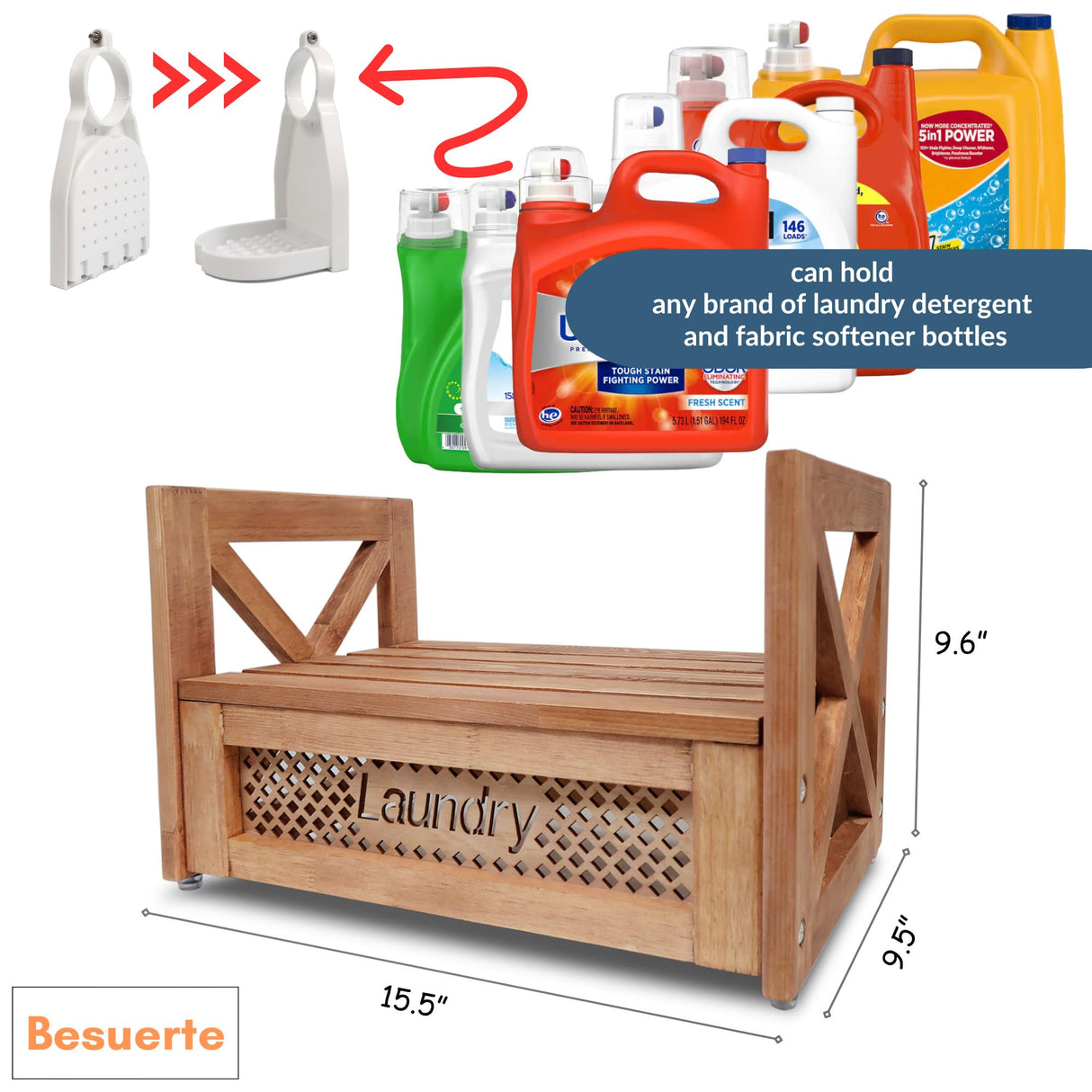 Farmhouse Wooden Laundry detergent stand - Besuerte Detergent Holder Station Shelf for Laundry Room - Laundry Organizers and Storage-Liquid Detergent Dispenser Holds Two Tubs, Brown Besuerte