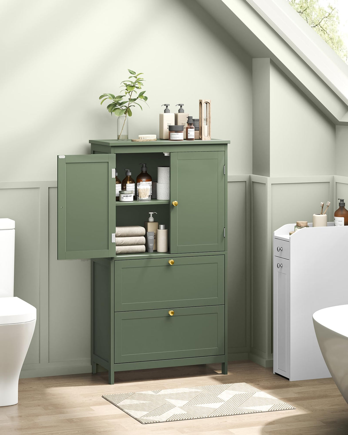 VASAGLE Bathroom Floor Storage Cabinet, Bathroom Storage Unit, Freestanding Cabinet with 2 Drawers and 2 Doors, Adjustable Shelf, 11.8 x 23.6 x 43.3 Inches, Forest Green UBBC551C01 VASAGLE