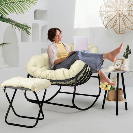 Outdoor Rocking Chair, Oversized Patio Papasan Rocking Chair with Cushion, Ottomans, Side Table, Large Egg Royal Rocking Lounge Chairs for Patio Porch Garden Backyard, Grey (Three Piece Set) LISRUX