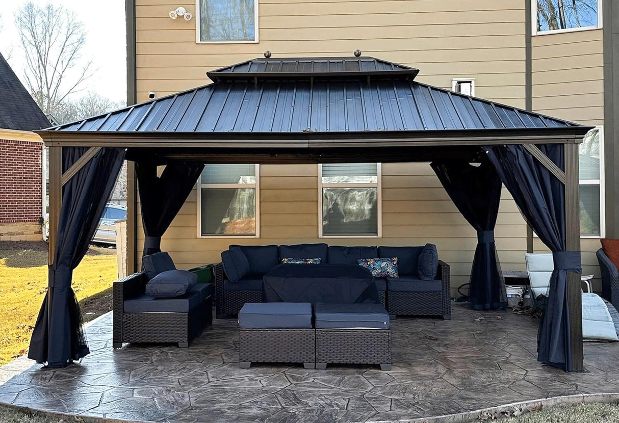 PURPLE LEAF Hardtop Gazebo 12' X 16' Metal Roof with Netting and Curtains Hard Top Backyard Patio Gazebos Permanent Canopy Deck Garden Hot Tub Outdoor Pavilion PURPLE LEAF