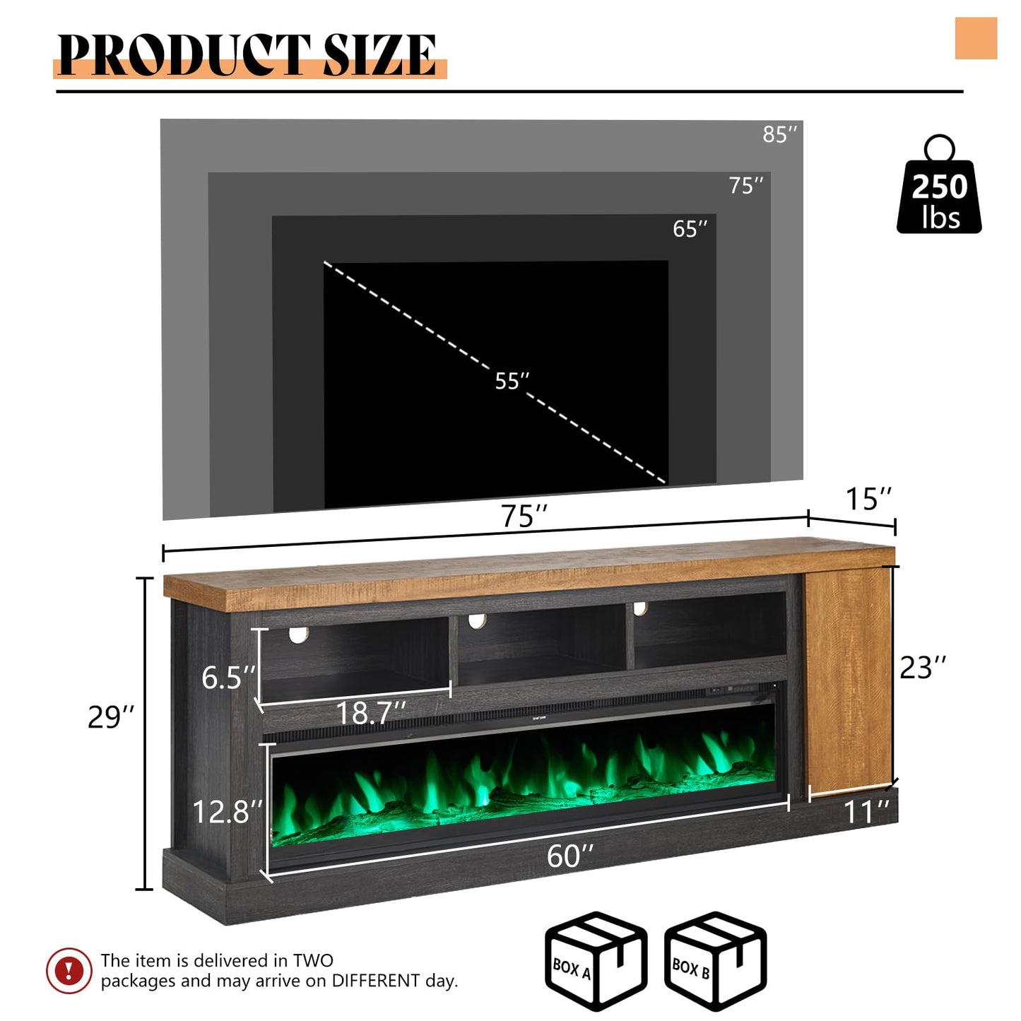 75" Fireplace TV Stand with 60" Glass Electric Fireplace, Color Contrast Rustic Media Entertainment Center with Storage for TVs Up to 85" for Living Room, Black & Brown