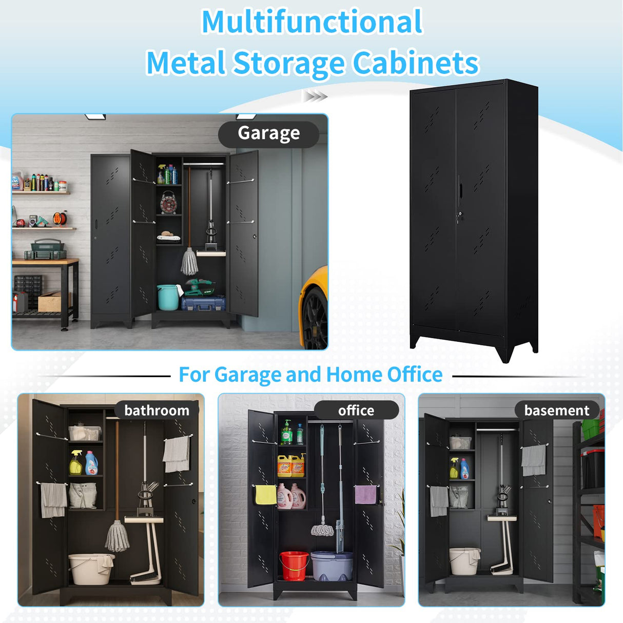 VASAAOSD 75" Metal Storage Cabinet, Tool Cabinet with Hooks, Garage Storage Cabinet with Lock, Heavy-Duty Tool Storage Cabinet for Utility Room, Gym, Basement, Broom Closet Cabinet, Black VASAAOSD