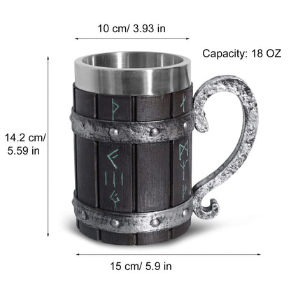 Nordic Viking Rune Beer Mug, Resin Beer Stein Tankard Cup Stainless Steel Wooden Viking Coffee Cool Mug Viking Gift for Men Beer Cup Stein - WoodArtSupply