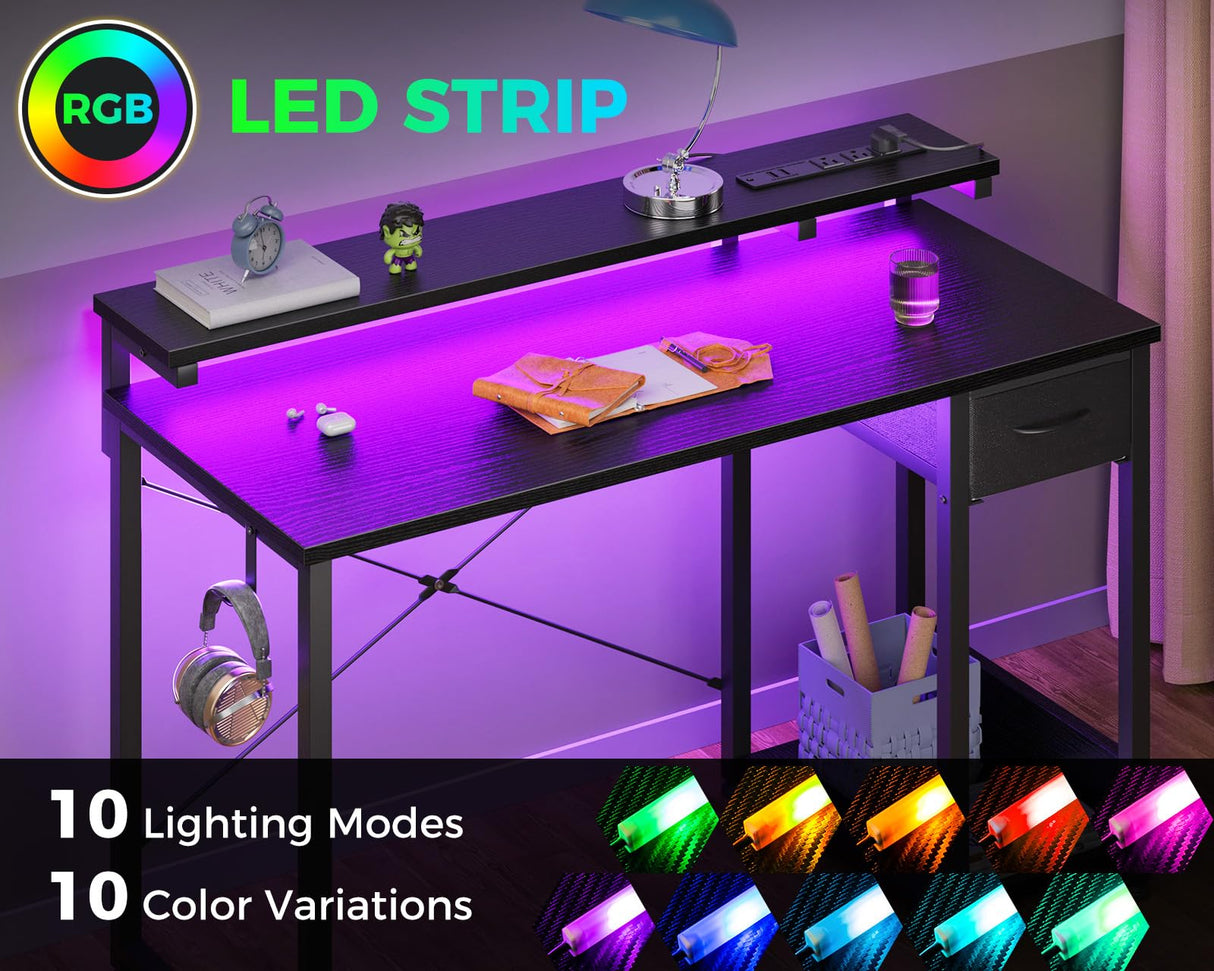 AODK Gaming Desk with LED Lights & Power Outlet, 40 Inch Computer Desk with Drawer, Reversible Desk with Adjustable Monitor Shelf & Headphone Hook for Home Office, Black AODK