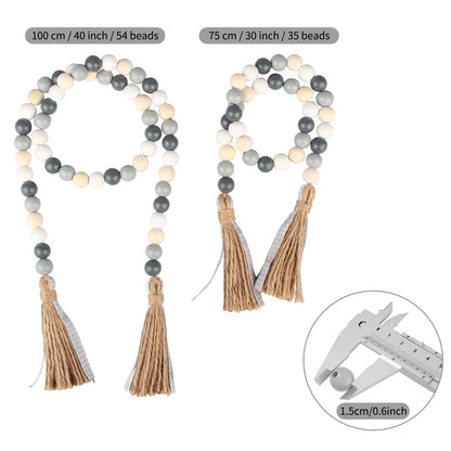 Wood Beads Garland with Tassels,YuanDe 2pcs Farmhouse Rustic Wooden Beads String Jute Rope Tassel, Prayer Bead String Wall Hanging Accent for Home Festival Decor(30"&40”)