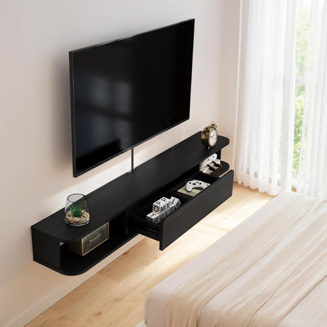 Pmnianhua Floating TV Stand with Drawer,59'' Wall-Mounted TV Cabinet,Floating TV Console,Under TV Entertainment Shelf with Storage for Bedroom Living Room(Black) Pmnianhua
