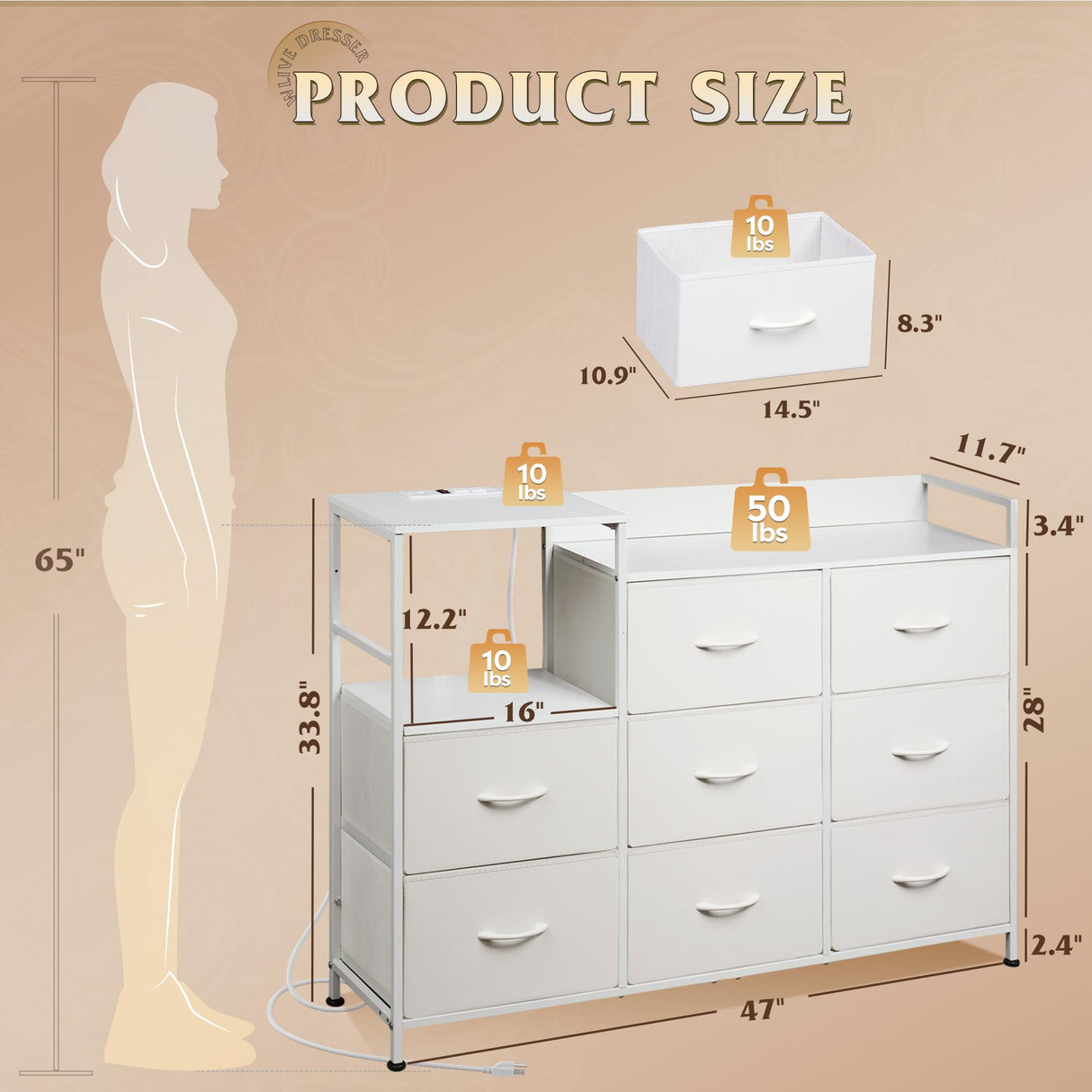 WLIVE White Dresser TV Stand for Bedroom with Charging Station and Open Shelves, Fabric Dresser with 8 Drawers and Wood Top, Wide Storage Chest of Drawers for Living Room, Hallway WLIVE