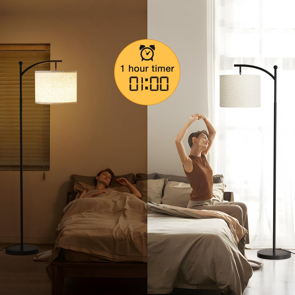 Ambimall 60" Floor Lamp with Remote Control and Stepless Dimmable Bulb, Colors Temperature & Brightness Adjustable, Modern Floor Lamps for Living Room（Beige Shade & Black Pole） Ambimall