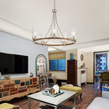 WUZUPS 5-Light Wagon Wheel Chandelier Rustic Farmhouse Industrial Round Pendant Light Fixture with Clear Seeded Glass Shades for Dining Room Kitchen Island, Imitation Wood Grain Nickel WUZUPS