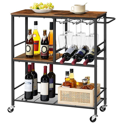 HOOBRO Bar Cart for The Home, 29.5 inches 3-Tier Serving Cart with Wheels, Rolling Kitchen Cart with Wine Rack and Glass Holder for Living Room, Party, Bar, Rustic Brown and Black BF21TC01G1 - WoodArtSupply