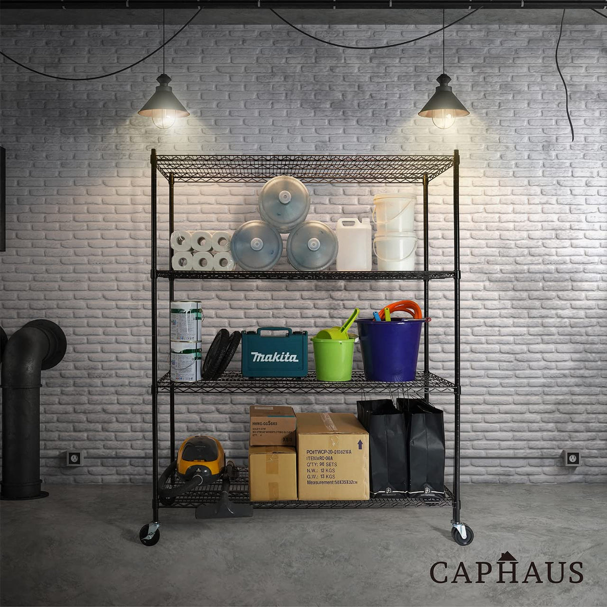 CAPHAUS 4-Tier Commercial Grade Heavy Duty Adjustable Height Wire Shelving w/Wheels & Leveling Feet, Storage Metal Steel Shelf, Garage Shelving CAPHAUS