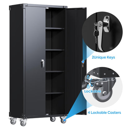 UINSOO 72" Tall Black Metal Storage Cabinet with Wheels, Rolling Storage Garage Cabinet with Adjustable Shelves and Door for Garage, Office, Kitchen, Laundry Room, Assembly Required - WoodArtSupply