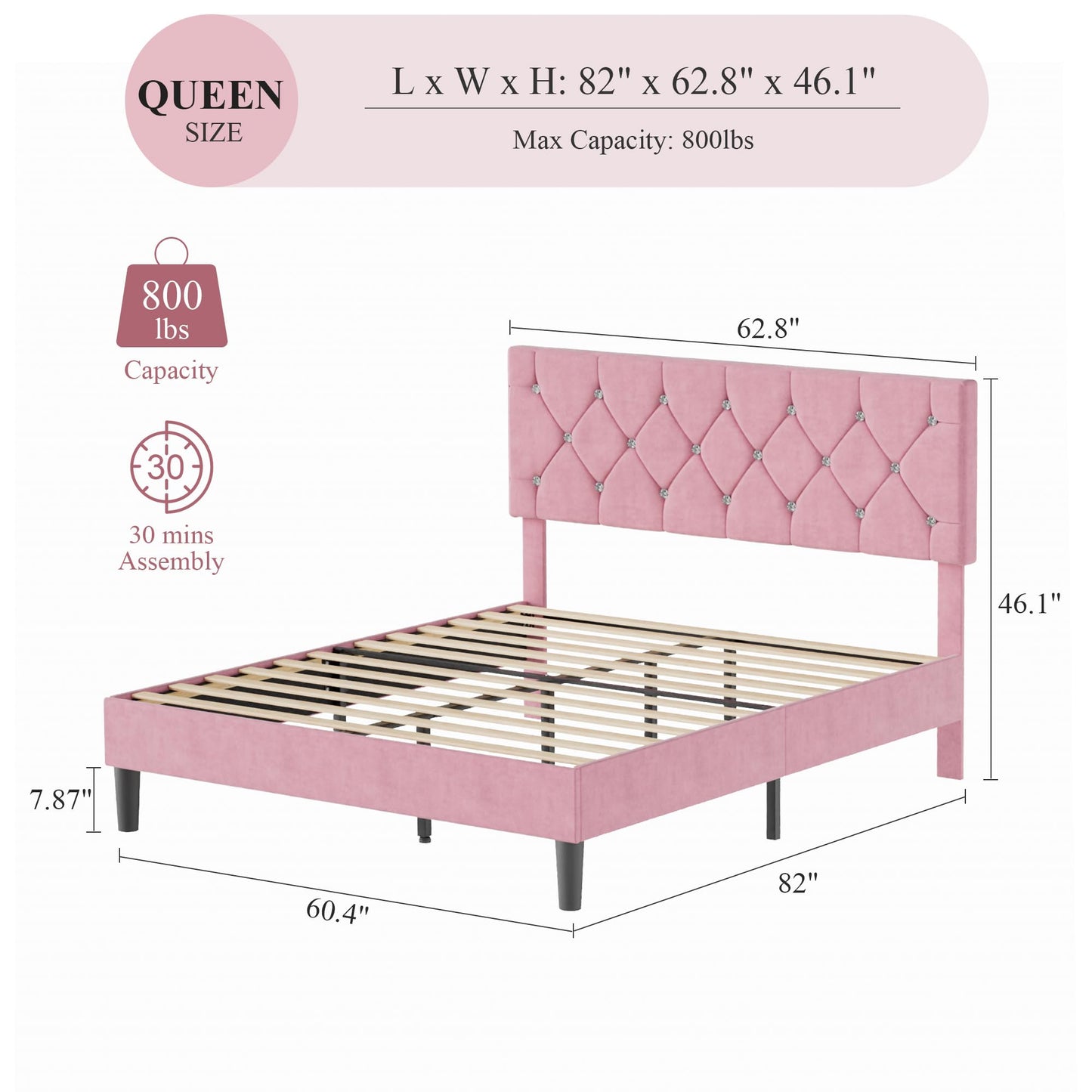 VECELO Queen Size Bed Frame, Upholstered Platform with Adjustable Diamond Tufted Headboard, Wood Slat Support, No Box Spring Needed, Pink