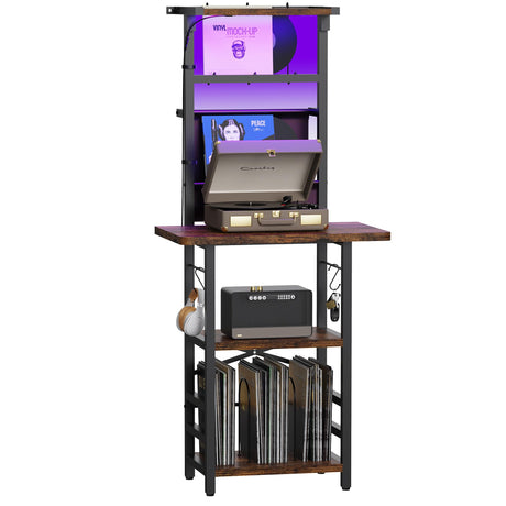 YAKANJ Record Player Stand with Led Light,Record Player Table with Vinyl Storage,Turntable Stand with Record Holder Vinyls Display Shelf for Music Room Studio,Brown YAKANJ