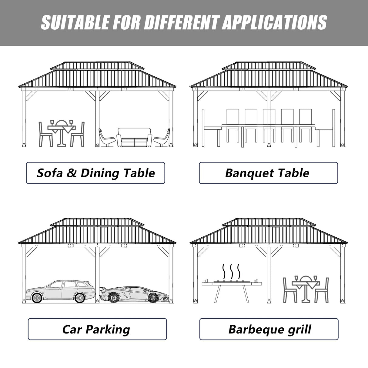 CHARMELEON 12'x20' Cedar Wood Gazebo Hardtop - Wooden Gazebo with Dual Metal Roof - Permanent Outdoor Gazebo Canopy - Large All Weather Patio Gazebo for Backyard, Deck & Garden - Greyish Brown Frame CHARMELEON