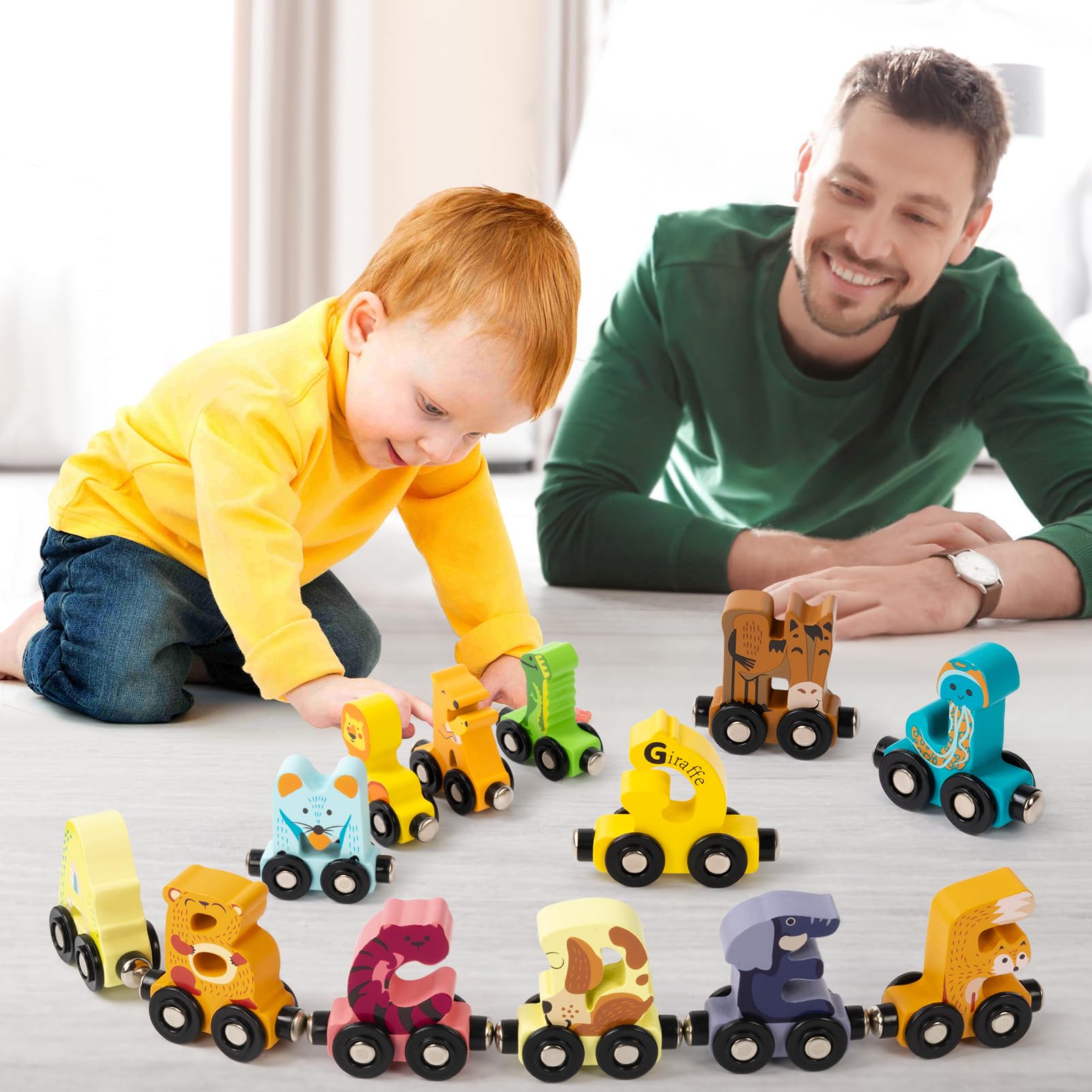 Atoylink Wooden Train Set for Toddler Toys Aged 3-5, 27 Pcs Large Magnetic Alphabet Animals ABC Learning Train Toy Kids Educational Montessori Toys for 3 4 5 Year Old Boys Girls Birthday Gift - WoodArtSupply