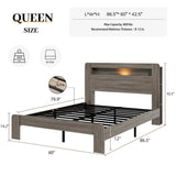 Queen Size Wooden Bed Frame with Bookcace Storage Headboard, Rustic Farmhouse Bedframe with LED Lights and Charging Station, Sturdy and Stable, Slat Support, No Box Spring Required (Light Brown) PAUKIN