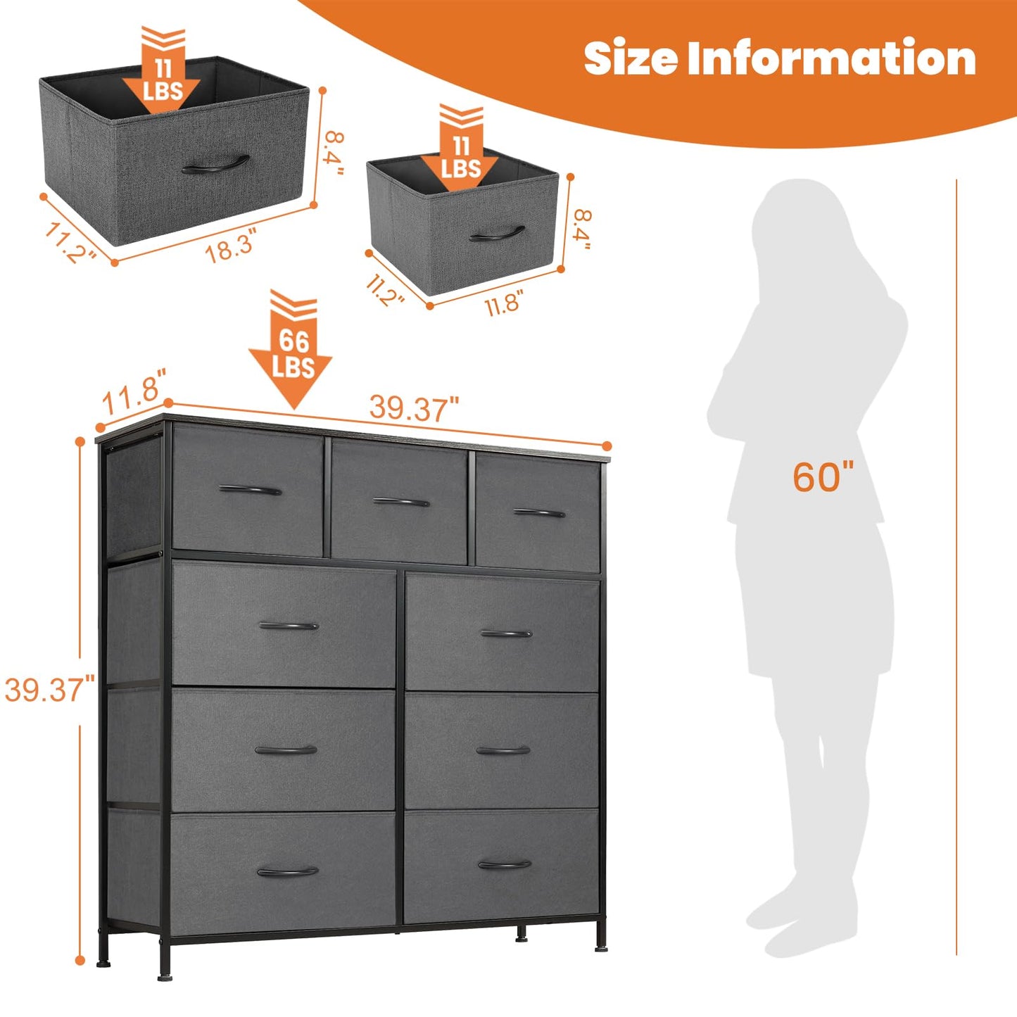 Sweetcrispy Dresser for Bedroom with 9 Fabric Drawers, Tall Chest Organizer Units for Clothing, Closet, Storage Tower with Cabinet, Metal Frame, Wooden Top, Lightweight Nursery Furniture, Grey