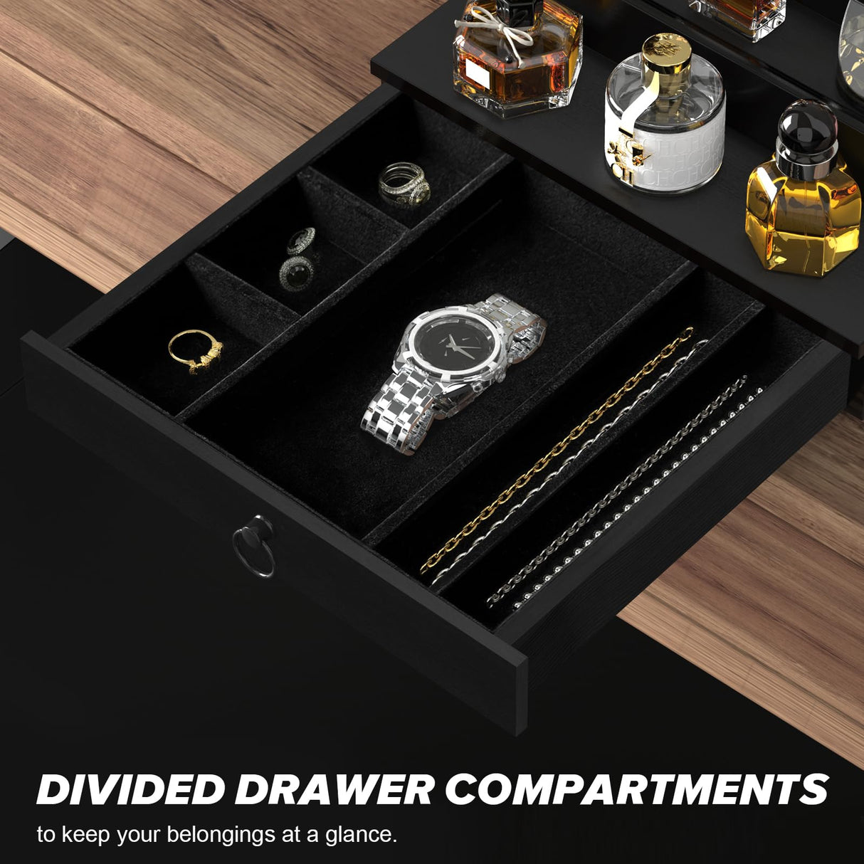 upcessory Cologne Organizer for Men, 4 Tier Black Wood Perfume Organizer with Felt Lining Drawer and Hidden Compartment, Perfume Display Holder, A Gift for Men upcessory