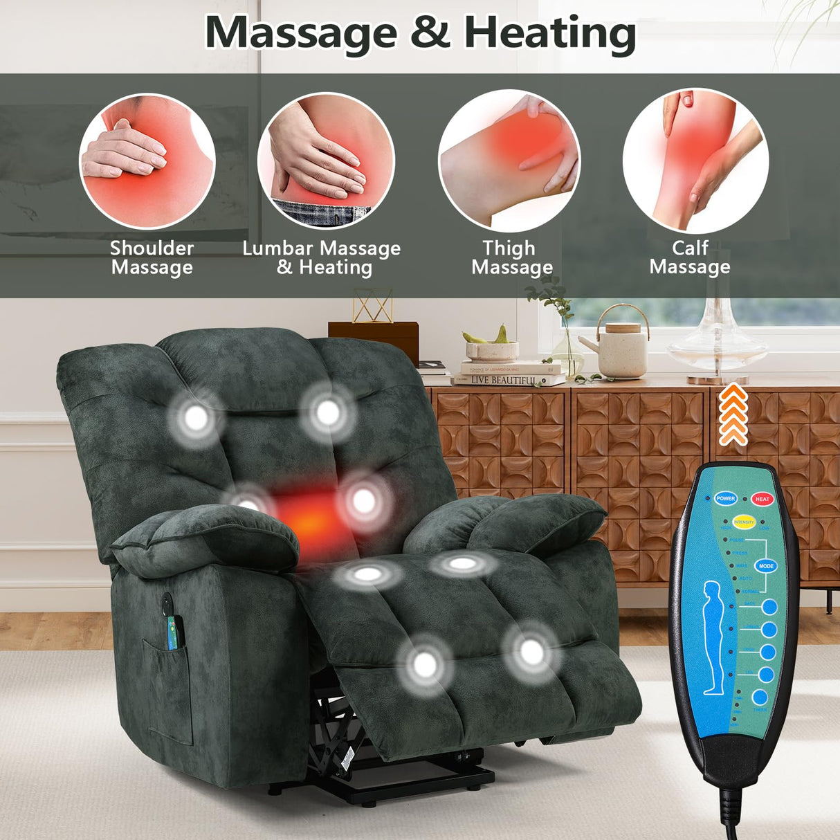 HAOMARKETS Oversized Power Lift Recliner Chair with Massage and Heat for Elderly, Soft Fabric Electric Lifting Recliners with Side Pockets and USB Port for Living Room, Dark Green HAOMARKETS