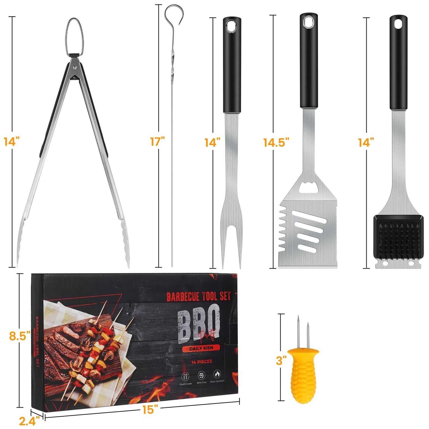 Grill Accessories Kit, Stainless Steel Grill Tool Set with 4-in-1 BBQ Spatula, Grill Fork, Grill Tong, Grill Grush, Skewers, Silicone Corn Holders, Grilling Gift Set for Men and Women