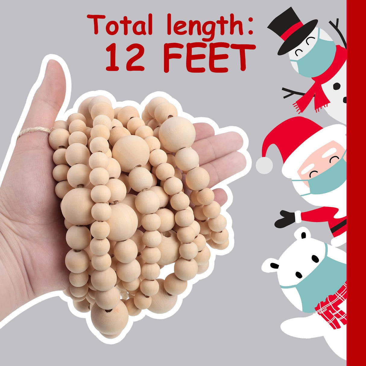 Yinder 4 Pcs 48 Feet Christmas Wooden Beaded Garland 11.8 ft Christmas Tree Garland Beads Farmhouse Rustic Wall Hanging Decor Boho Hanging Decorations for Xmas Holiday Mantel Home Party(Natural) Yinder